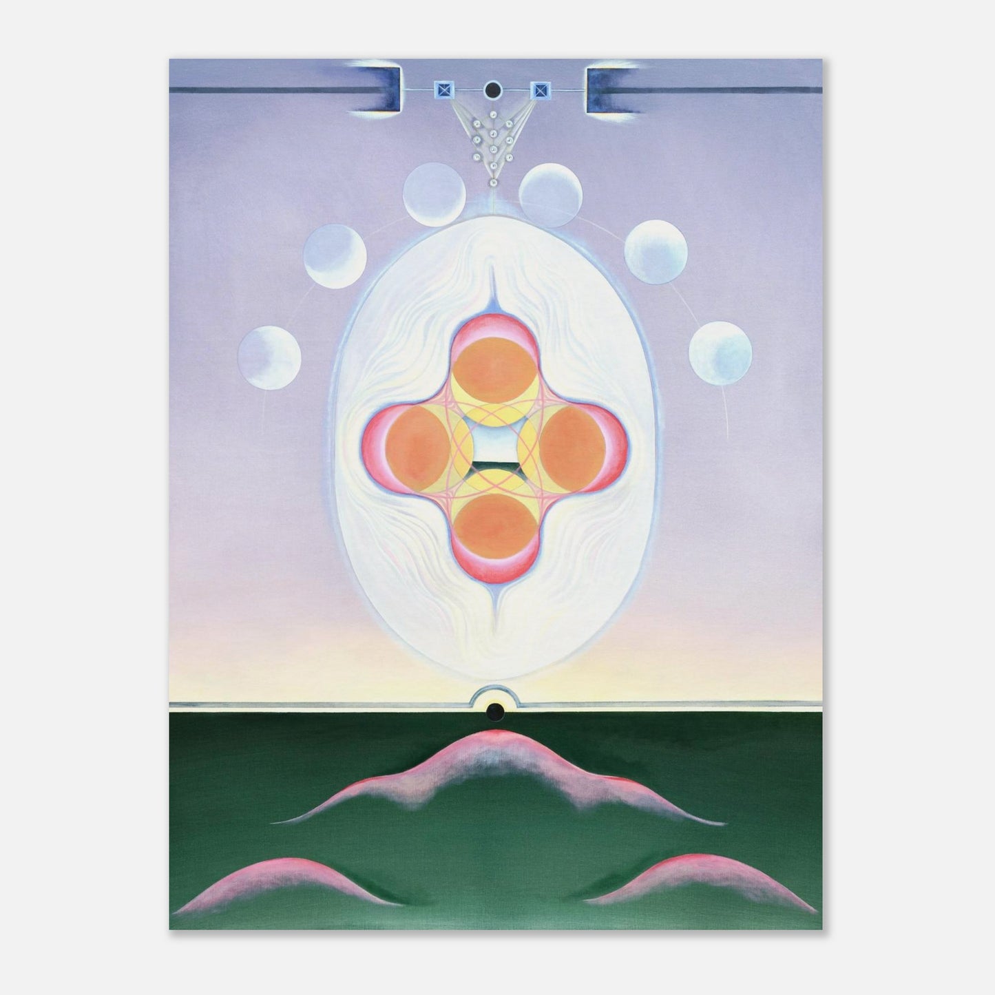 TÖBE fine art print by Aigana Gali — lavender, orange, and pink composition above dark green hill forms