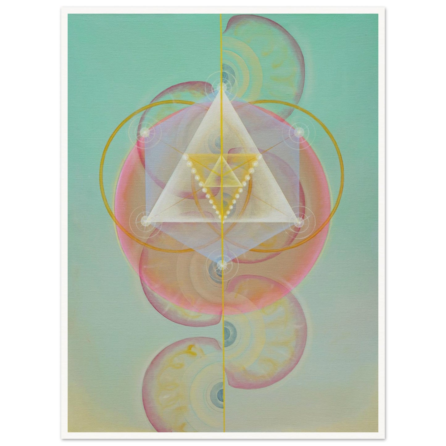 ORNEK II fine art print by Aigana Gali — seafoam green, pink, and gold geometric composition