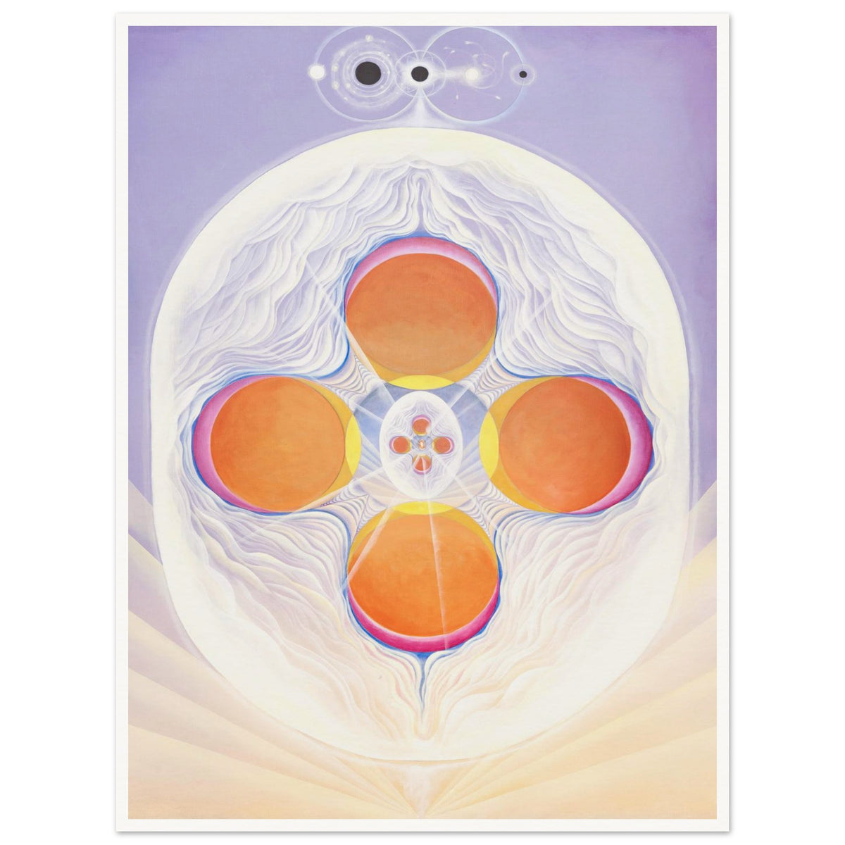 KÖKEM fine art print by Aigana Gali — lavender and white composition with four orange spheres in cosmic pattern