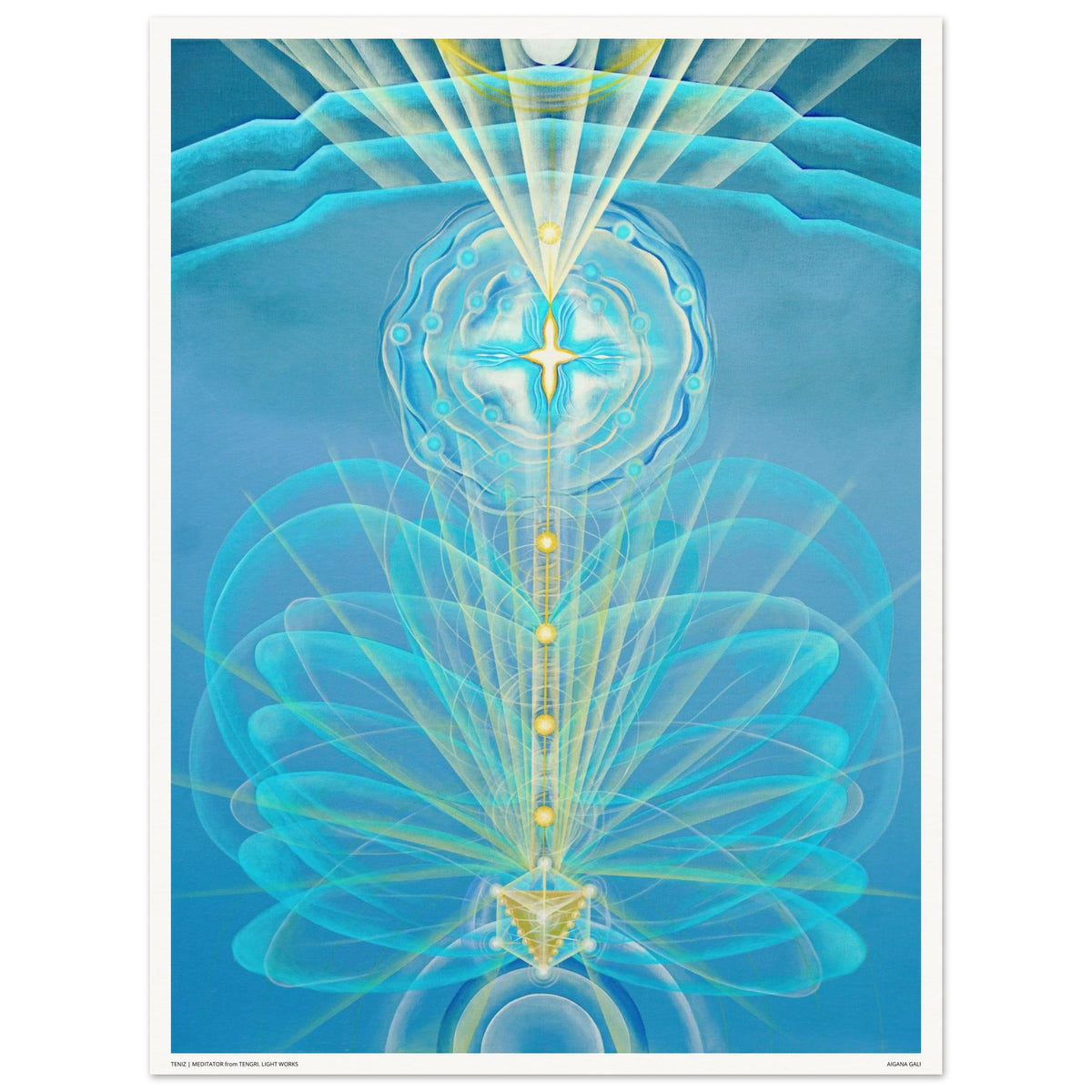 TENIZ fine art print by Aigana Gali — blue and gold radiating composition evoking depth and enlightenment