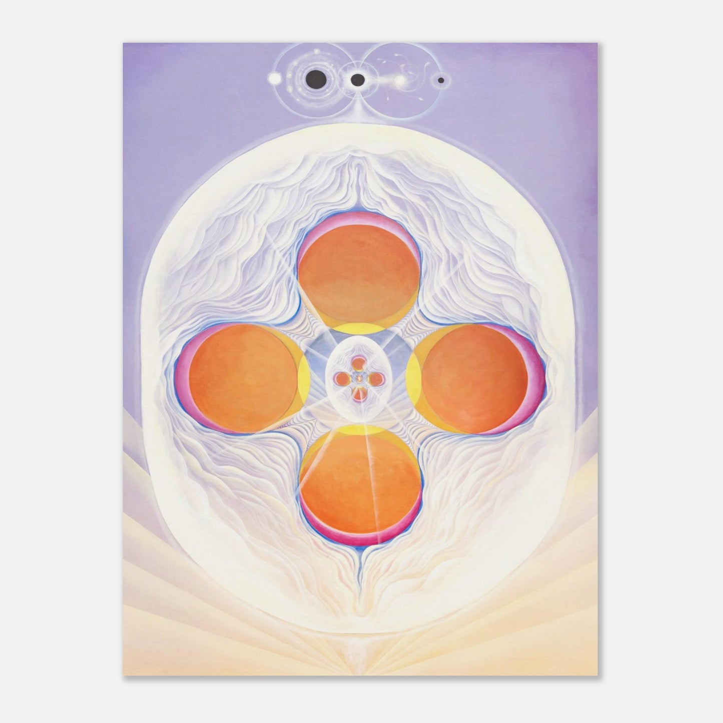 KÖKEM fine art print by Aigana Gali — lavender and white composition with four orange spheres in cosmic pattern