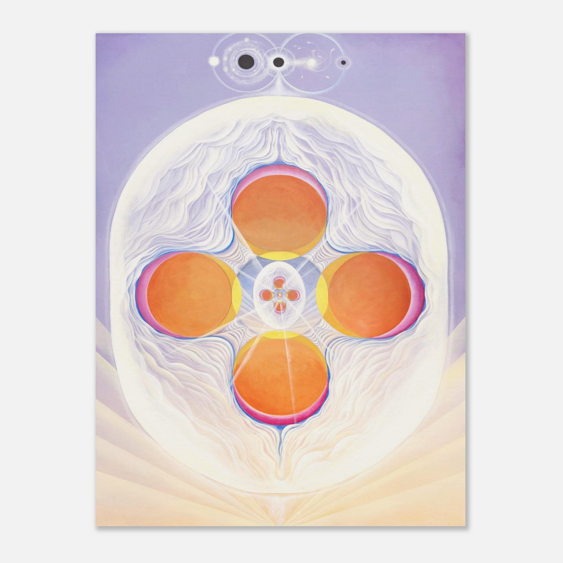 KÖKEM fine art print by Aigana Gali — lavender and white composition with four orange spheres in cosmic pattern