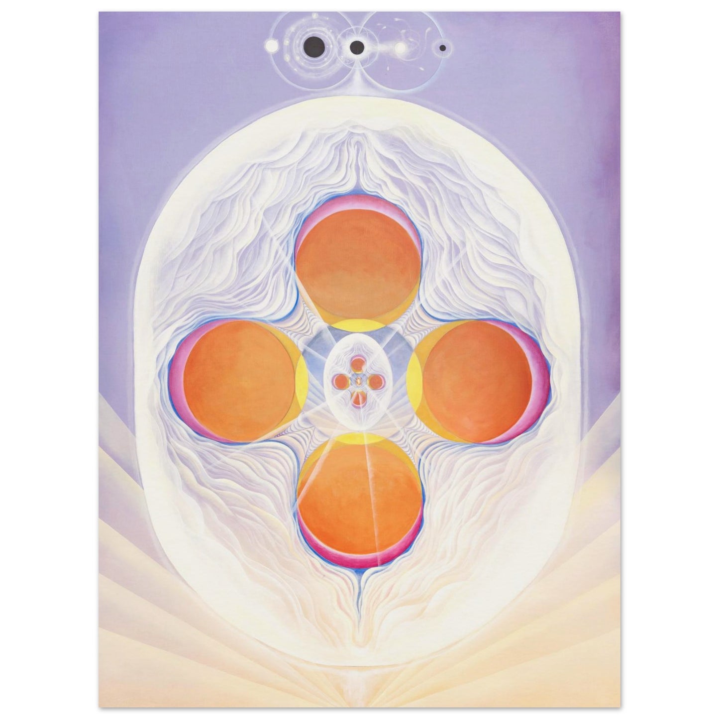 KÖKEM fine art print by Aigana Gali — lavender and white composition with four orange spheres in cosmic pattern