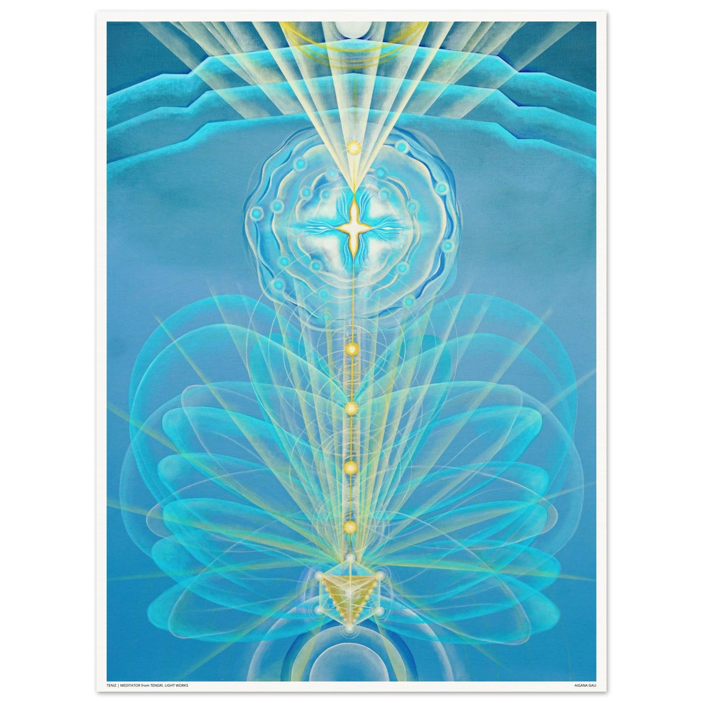 TENIZ fine art print by Aigana Gali — blue and gold radiating composition evoking depth and enlightenment