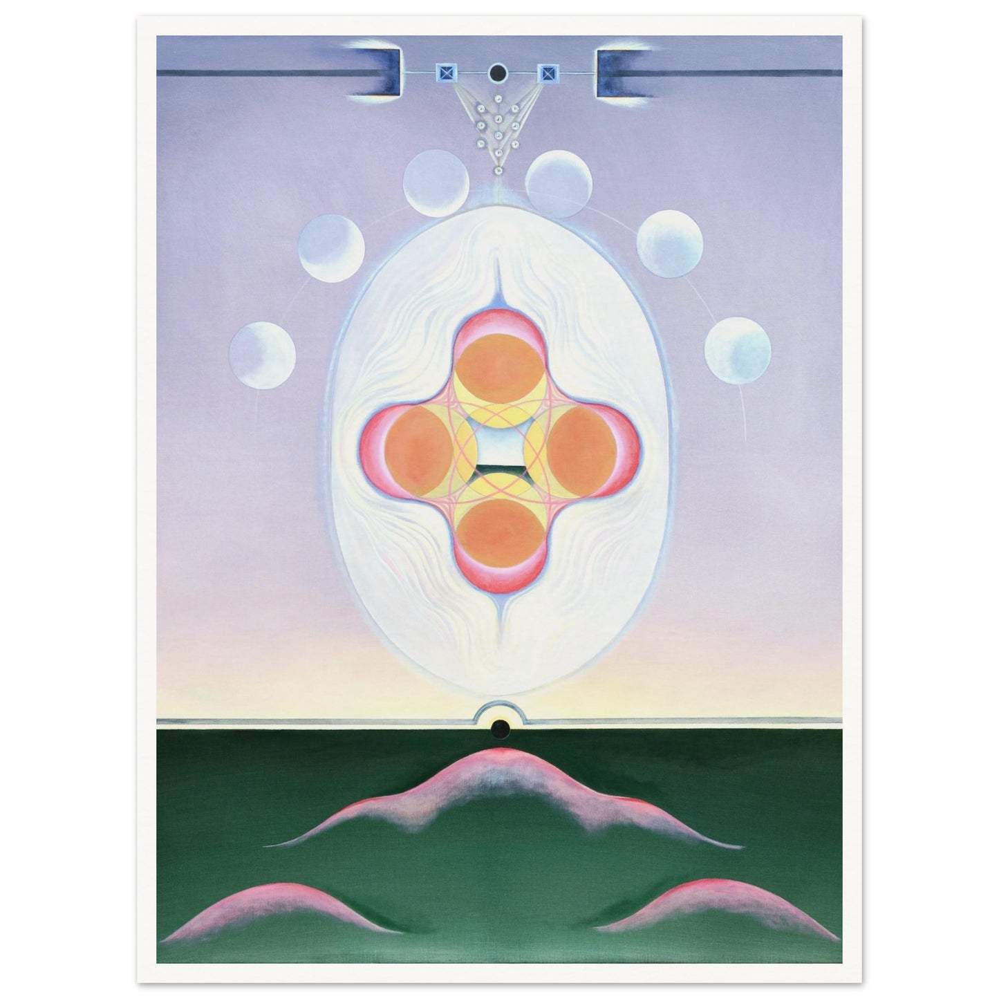 TÖBE fine art print by Aigana Gali — lavender, orange, and pink composition above dark green hill forms