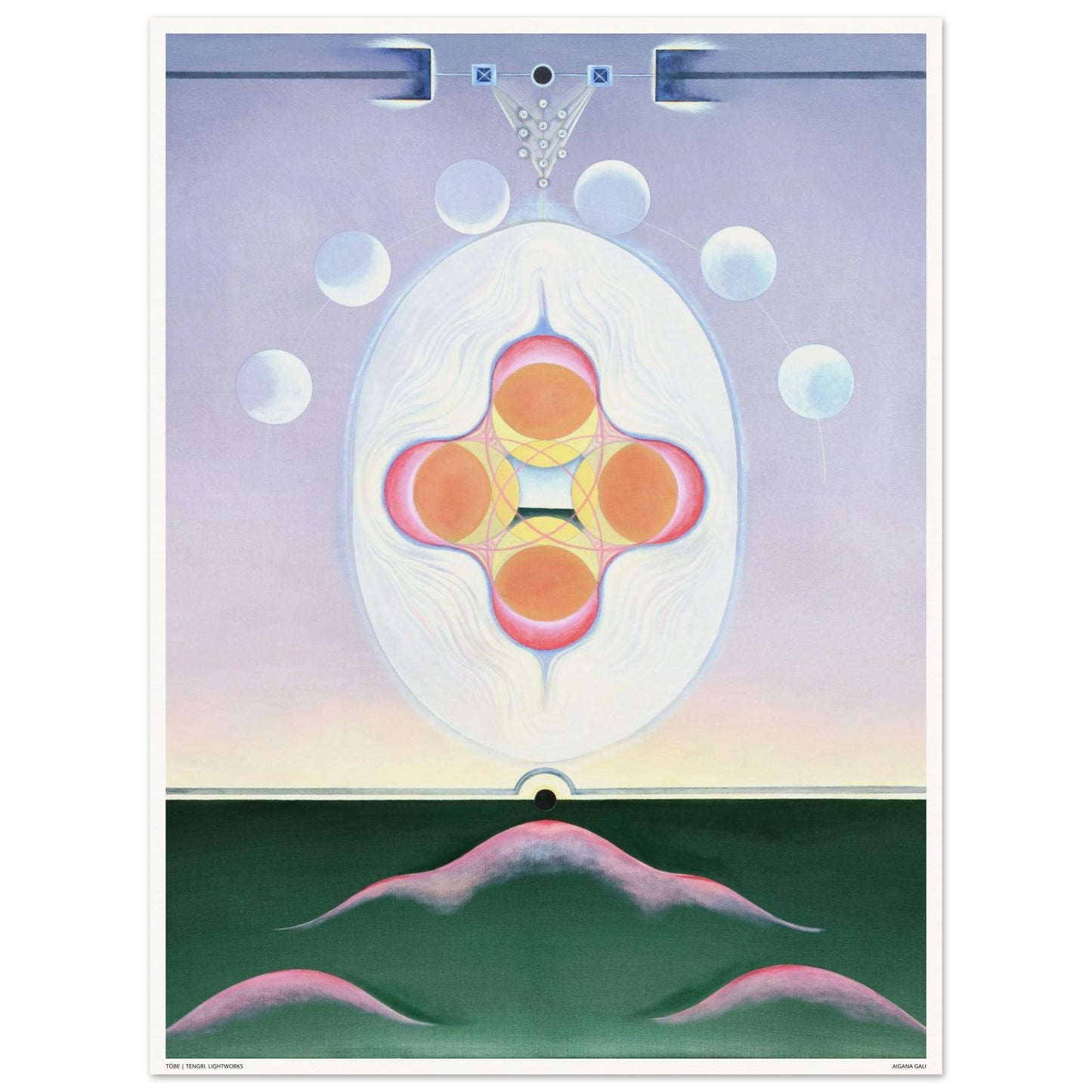 TÖBE fine art print by Aigana Gali — lavender, orange, and pink composition above dark green hill forms