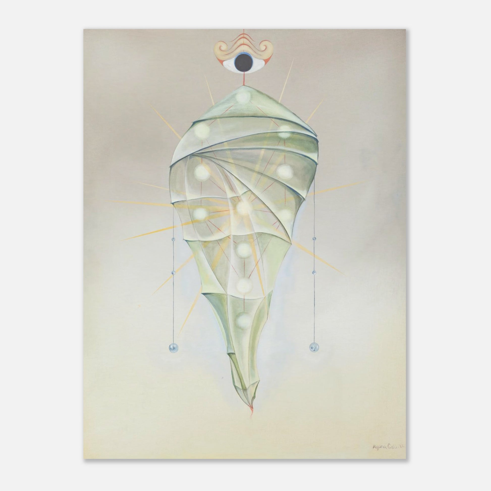 YURT fine art print by Aigana Gali — sage green and pale grey spiral composition evoking a nomadic dwelling