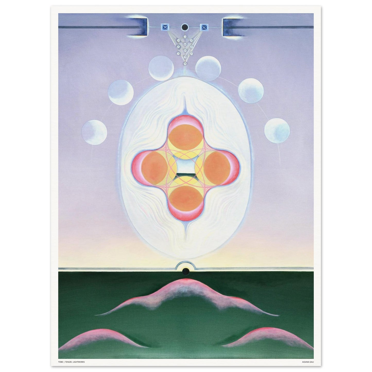 TÖBE fine art print by Aigana Gali — lavender, orange, and pink composition above dark green hill forms