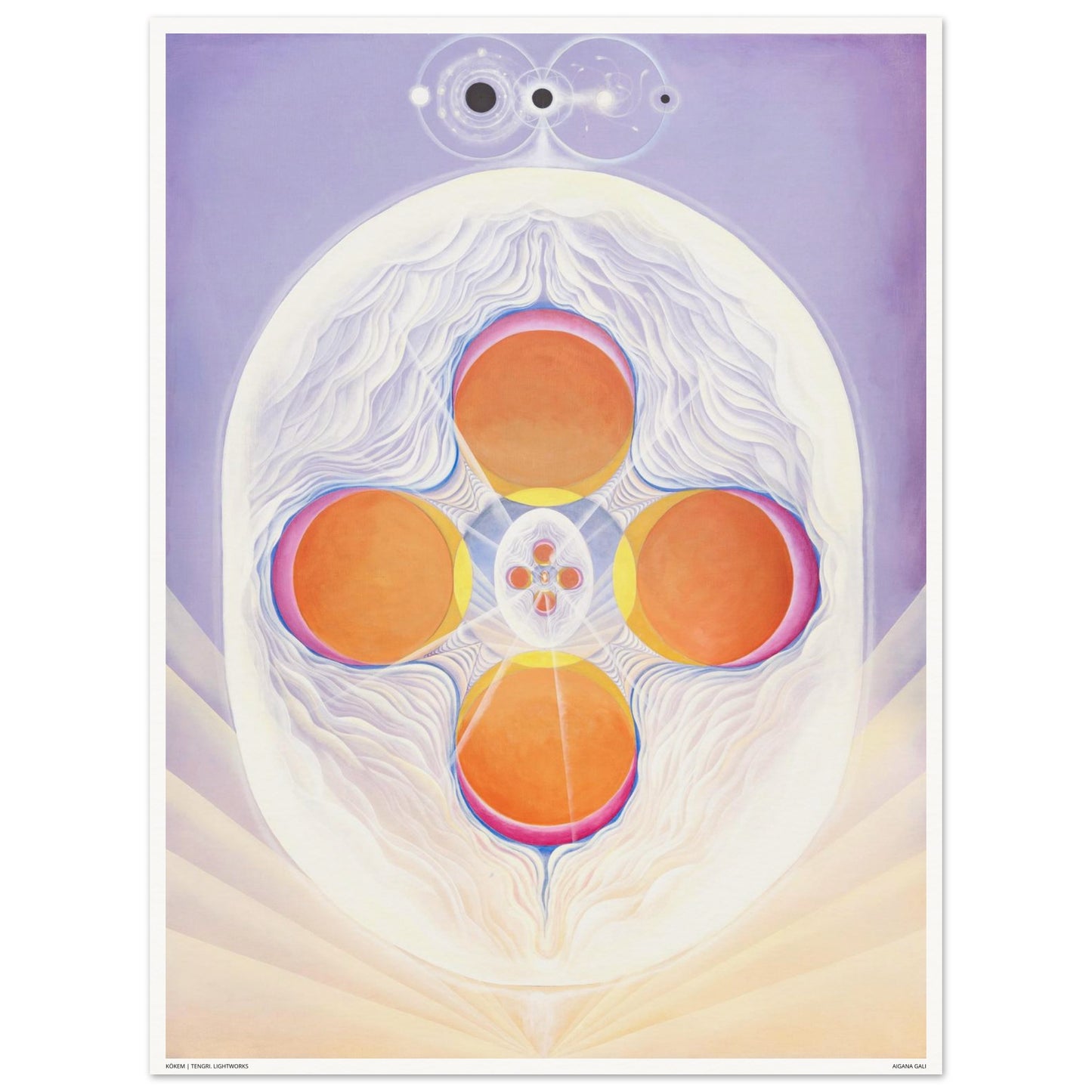 KÖKEM fine art print by Aigana Gali — lavender and white composition with four orange spheres in cosmic pattern