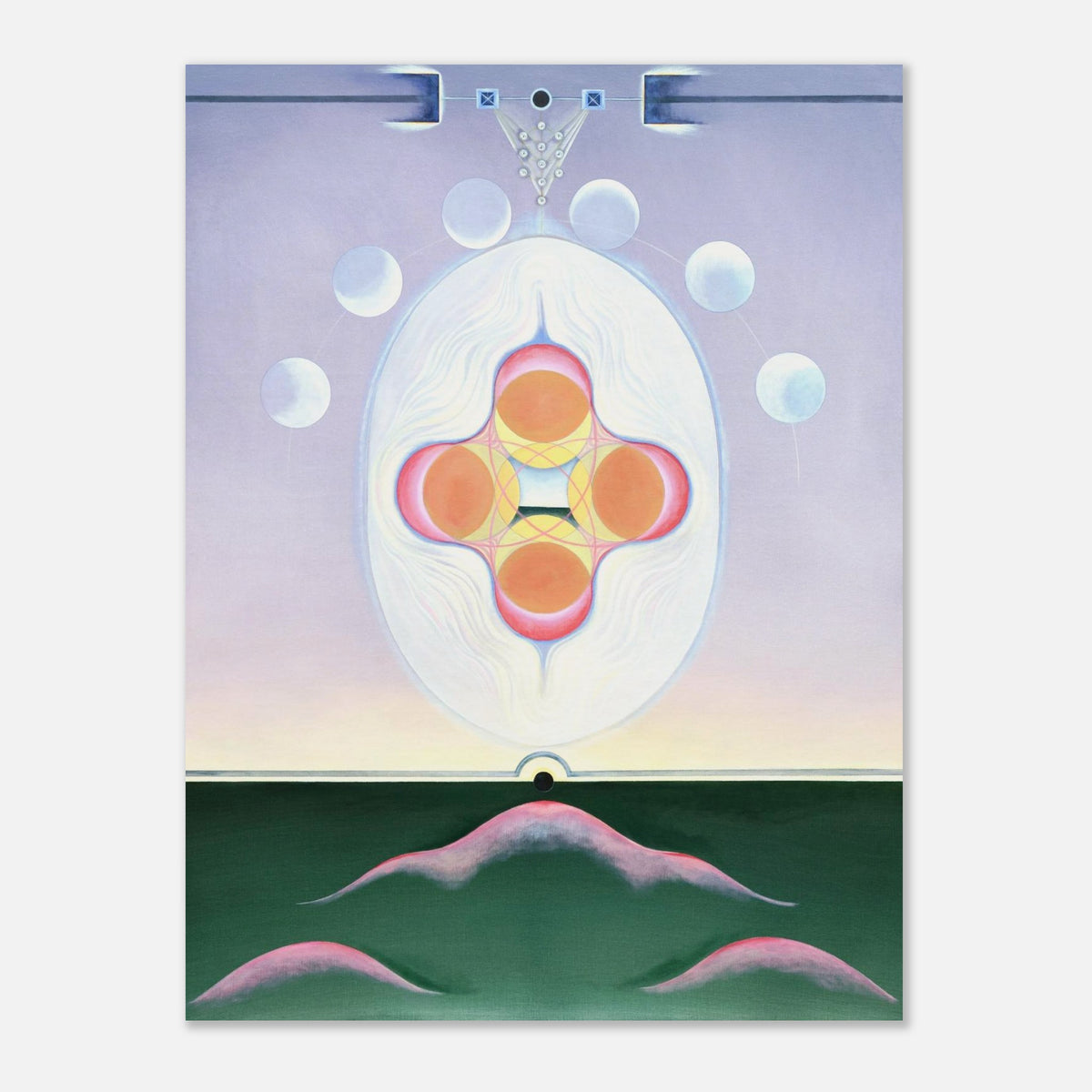 TÖBE fine art print by Aigana Gali — lavender, orange, and pink composition above dark green hill forms