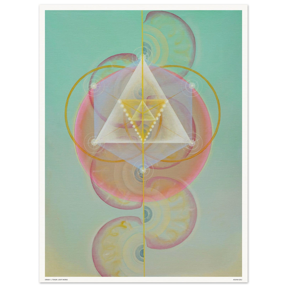 ORNEK II fine art print by Aigana Gali — seafoam green, pink, and gold geometric composition