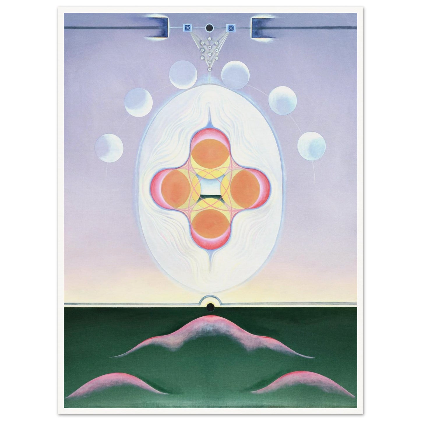 TÖBE fine art print by Aigana Gali — lavender, orange, and pink composition above dark green hill forms