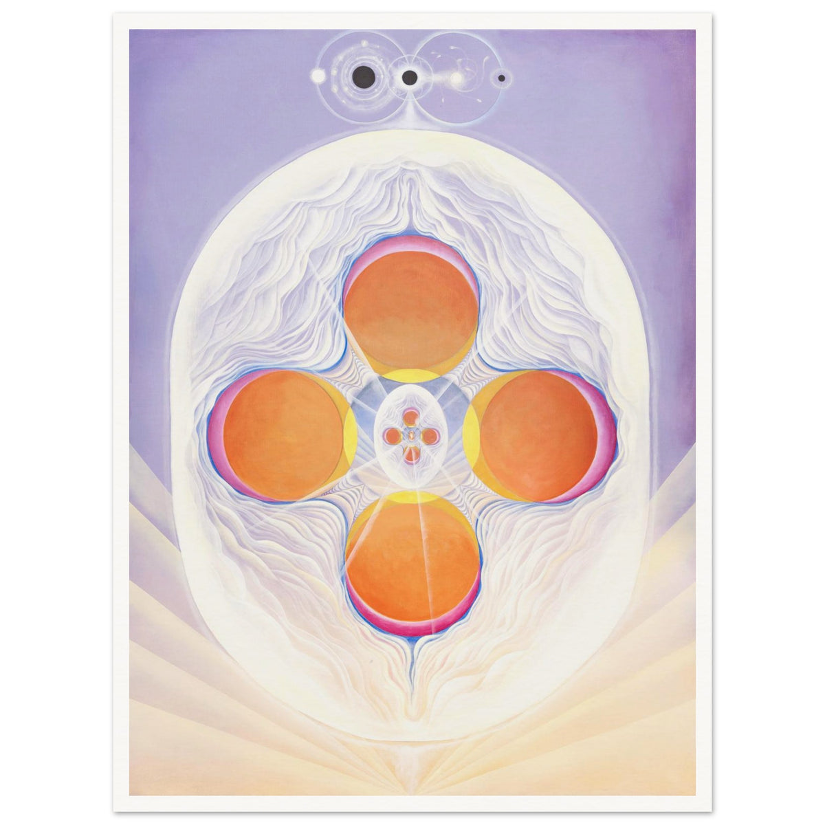 KÖKEM fine art print by Aigana Gali — lavender and white composition with four orange spheres in cosmic pattern