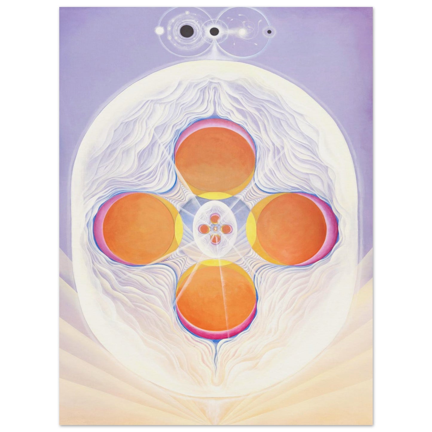KÖKEM fine art print by Aigana Gali — lavender and white composition with four orange spheres in cosmic pattern