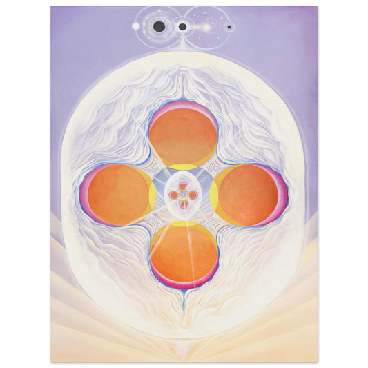 KÖKEM fine art print by Aigana Gali — lavender and white composition with four orange spheres in cosmic pattern