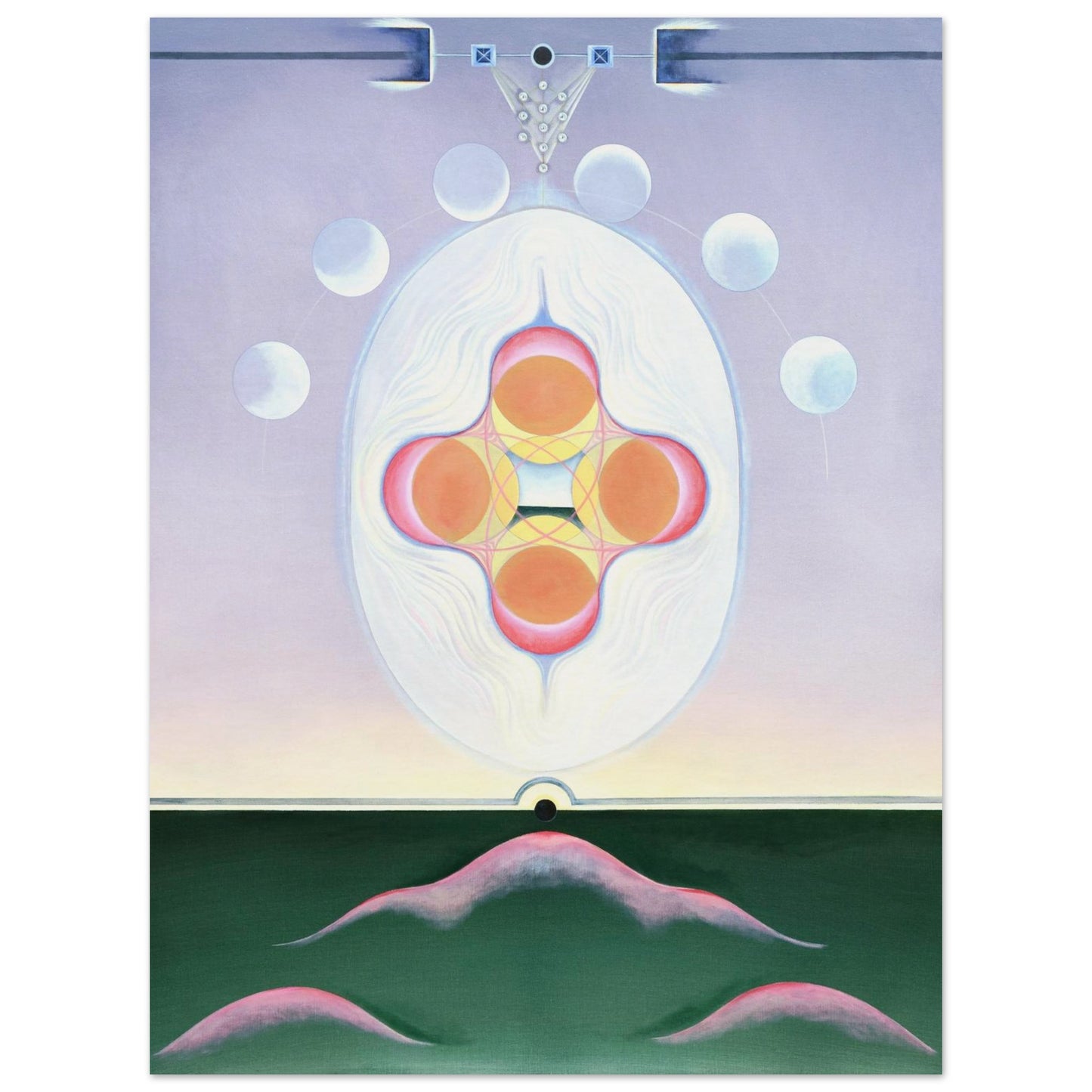 TÖBE fine art print by Aigana Gali — lavender, orange, and pink composition above dark green hill forms